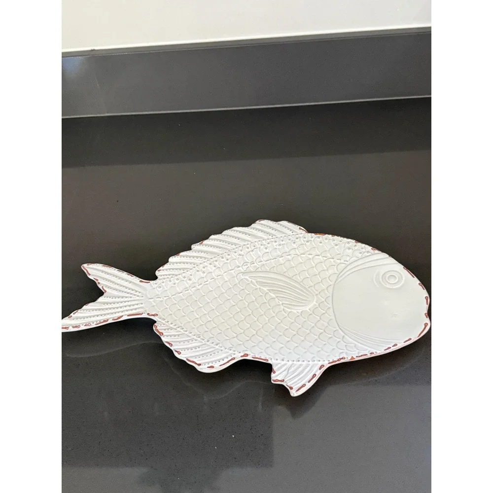 Vtg Mud‎ Pie White Ceramic Fish Platter Embossed Scale Coastal Serving Tray